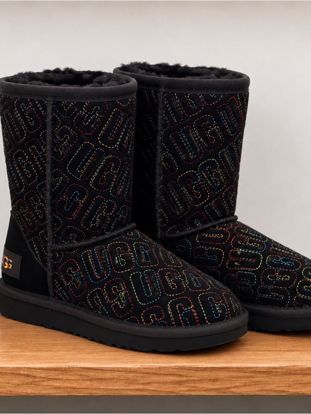 UGG Kids Black Boots with Multicolor Stitching